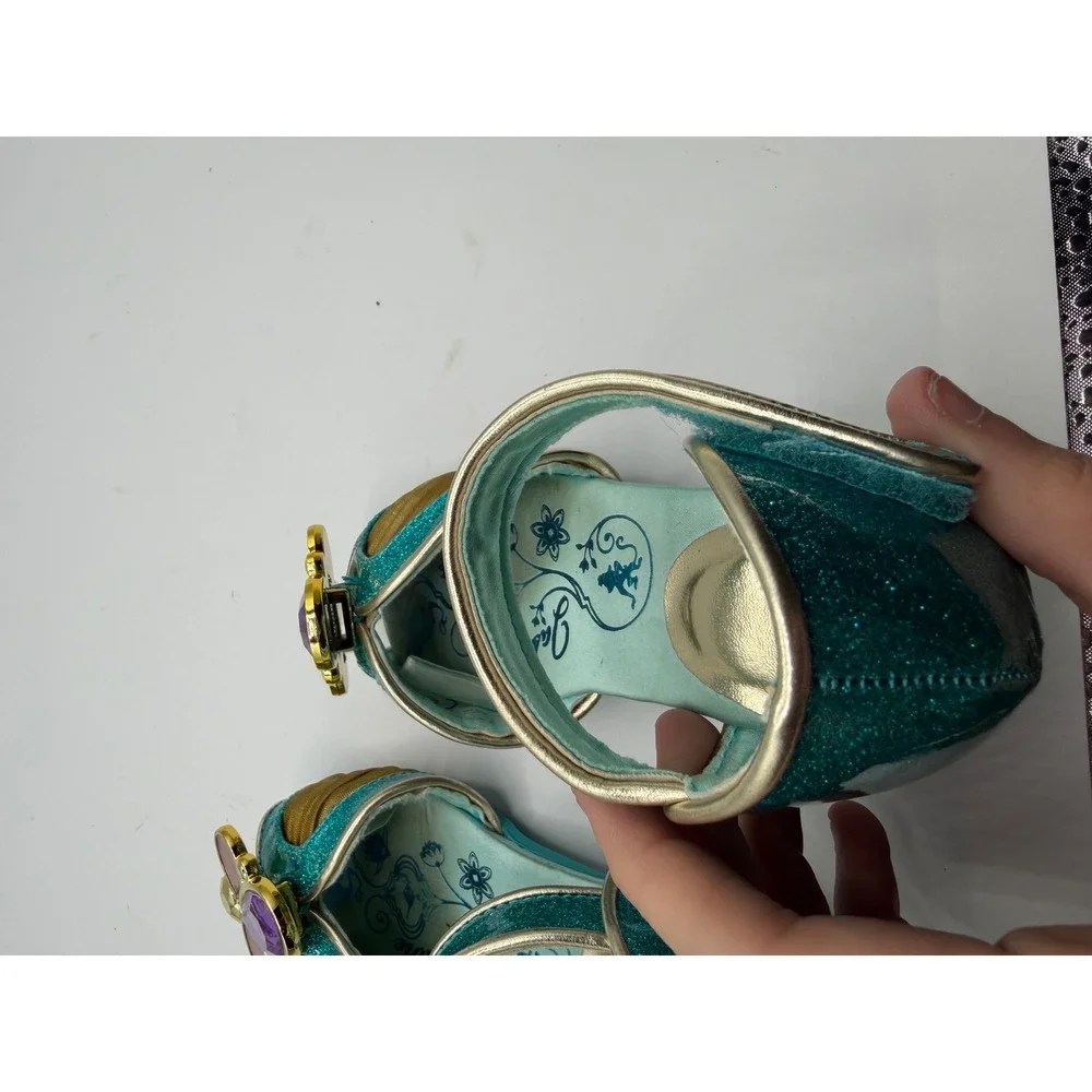 Disney Princess Jasmine Teal Glitter Dress Up Shoe Girls 8/9 6inches Kitten Heel